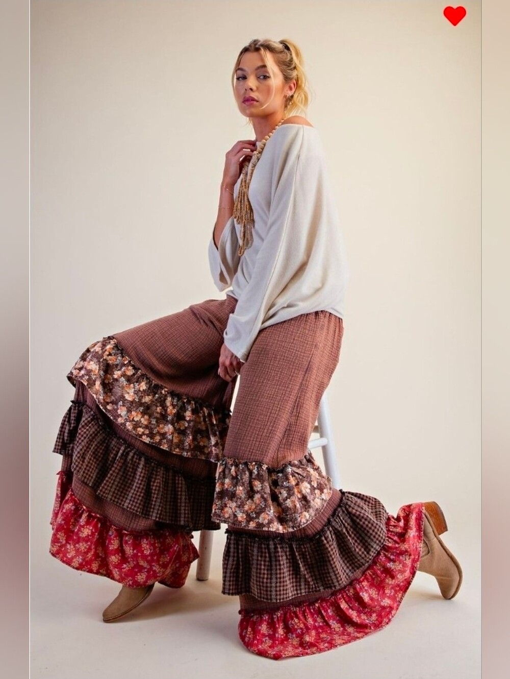 NEW!!! Easel Boho Cottagecore Flowy Tiered Ruffle Wide-Leg Pants in Brown, NWT